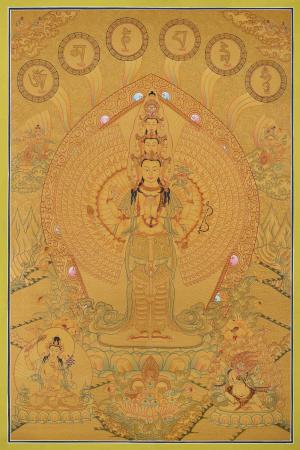 Full Gold 1000 Armed Lokeshvara Thanka | Avalokiteshvara Thangka Painting | Zen Buddhism